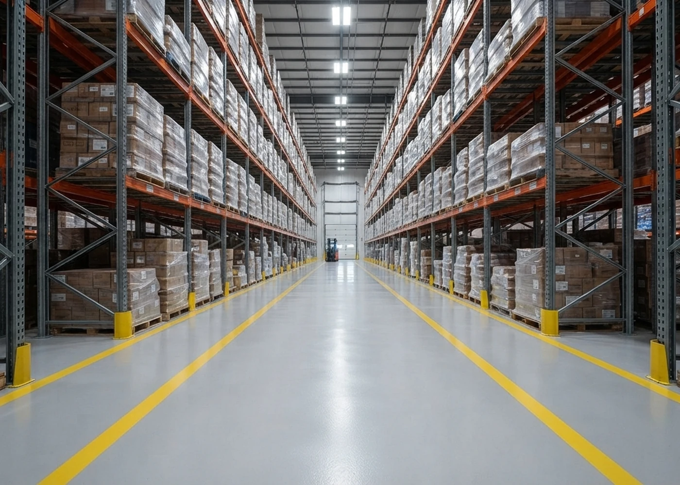 Warehouse aisle with a striped floor