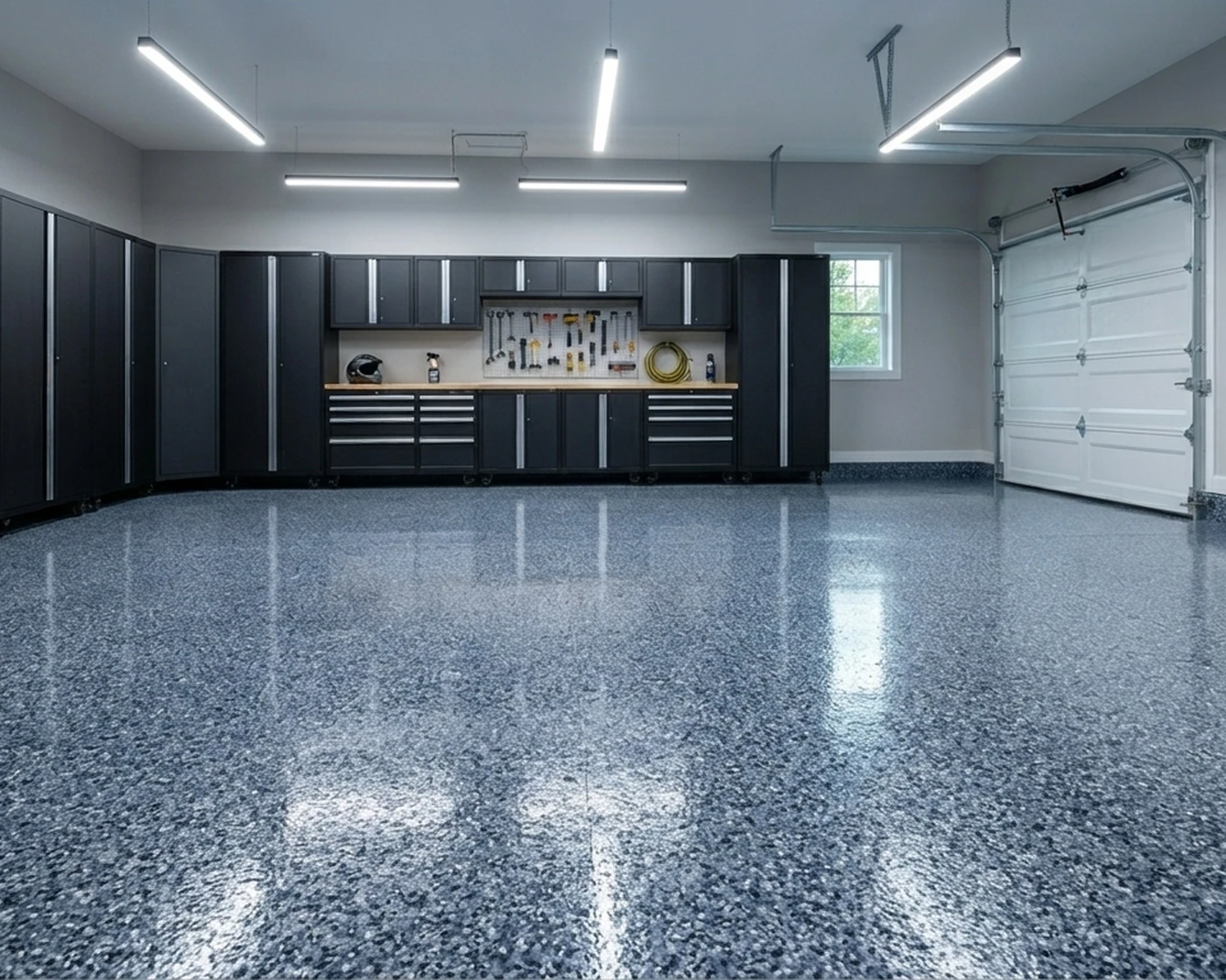 Garage with cabinets and a coated floor