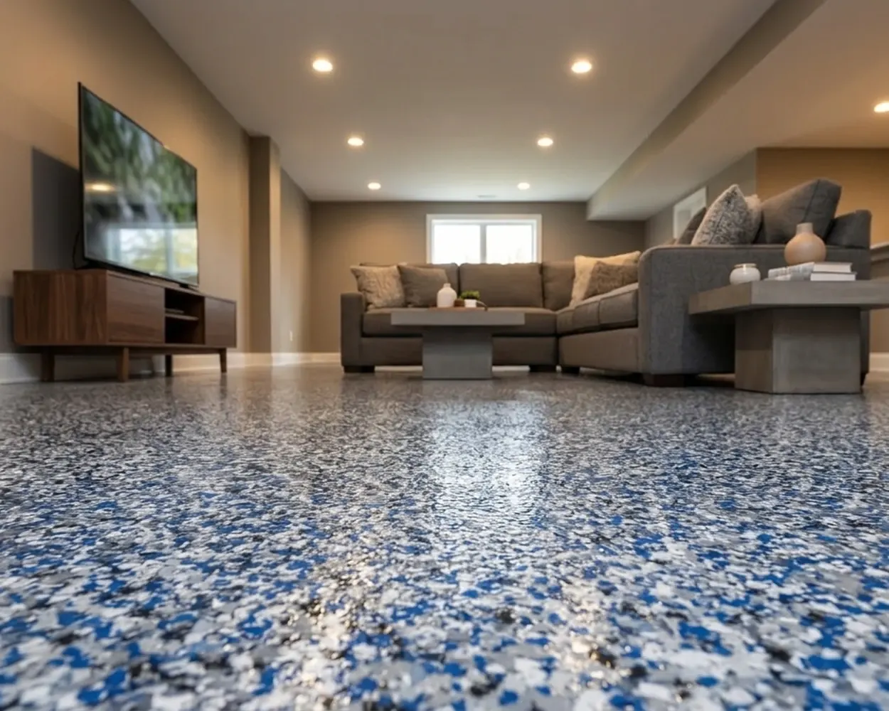 Finished basement interior with a coated floor