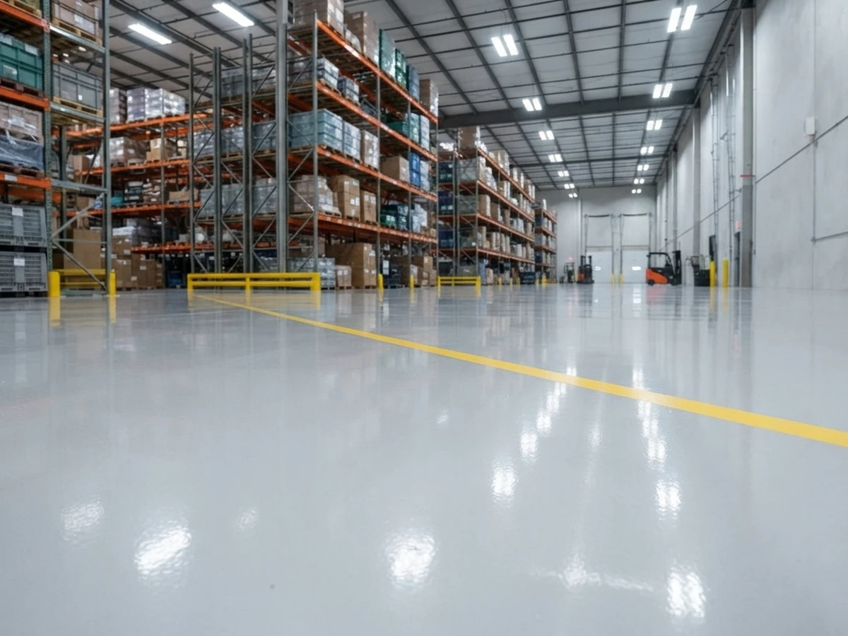 Warehouse or showroom floor, wide industrial shot.