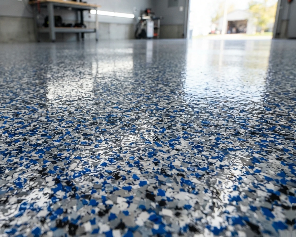 Finished garage floor, glossy flake close-up.